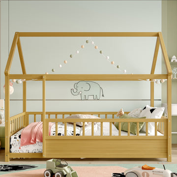 Twin Size House Frame Floor Bed with Wood Roof and High Fence Design