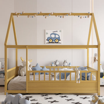 Full Size House Frame Floor Bed with Wood Roof and High Fence Design