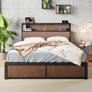 Queen Size Storage Bed with Four Drawers and Headboard USB Socket