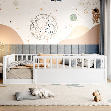 Twin Size Floor Bed with High Fence and Solid Pine Wood Construction