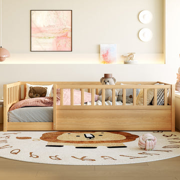 Twin Size Floor Bed with High Fence and Solid Pine Wood Construction