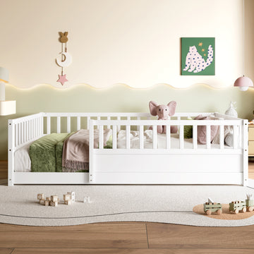 Full Size Floor Bed with High Fence and Solid Pine Wood Construction