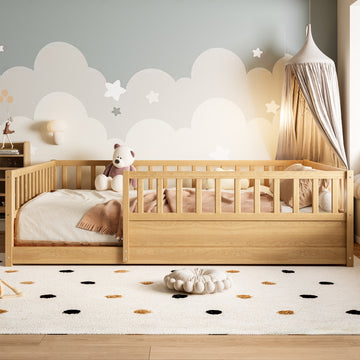 Full Size Floor Bed with High Fence and Solid Pine Wood Construction
