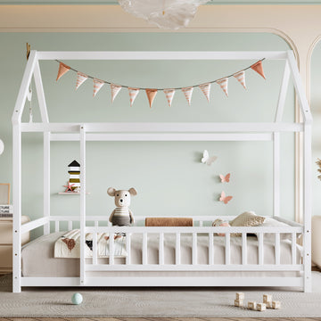 Twin Size House Frame Floor Bed with Wood Roof and High Fence Design