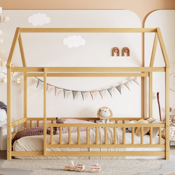 Twin Size House Frame Floor Bed with Wood Roof and High Fence Design
