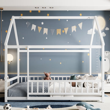 Full Size House Frame Floor Bed with Wood Roof and High Fence Design