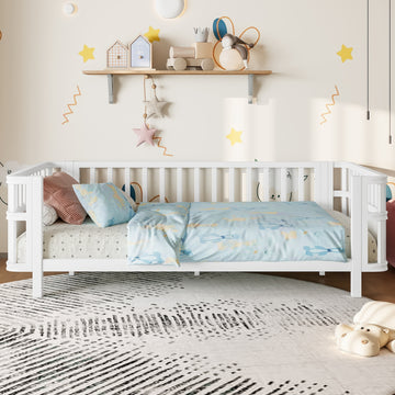 Twin Size Fence Bed with Iron and Plywood Construction and Three-Sided High Fence