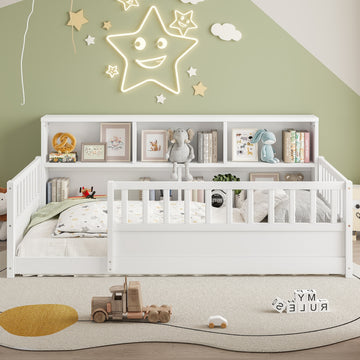 Twin Size Fence Frame Floor Bed with Storage and Ultra-High Fence Design