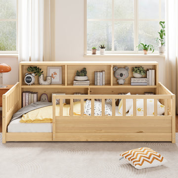 Twin Size Fence Frame Floor Bed with Storage and Ultra-High Fence Design