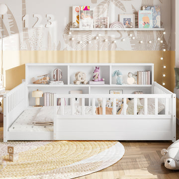 Full Size Fence Frame Floor Bed with Storage and Ultra-High Fence Design