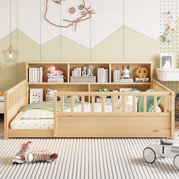 Full Size Fence Frame Floor Bed with Storage and Ultra-High Fence Design