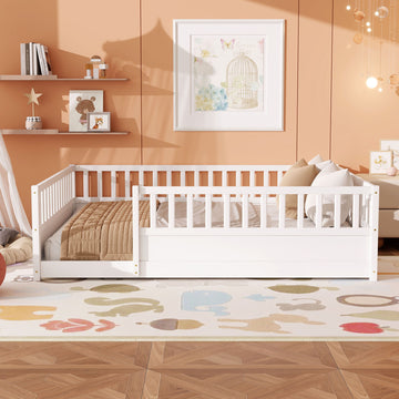 Queen Size Montessori Floor Bed with All-Around Safety Guardrails and Solid Wood