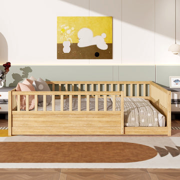 Queen Size Montessori Floor Bed with All-Around Safety Guardrails and Natural Wood