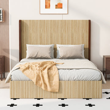 Queen Size Platform Bed with Vertical Grid Texture and Wingback Headboard
