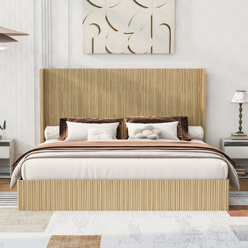 King Size Platform Bed with Fluted Texture and Wingback Headboard Design