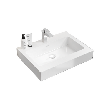 Integrated solid surface basin without drain and faucet glossy white color