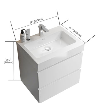 Integrated solid surface basin without drain and faucet glossy white color