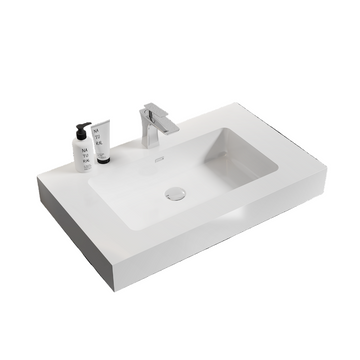Integrated solid surface basin without drain and faucet glossy white color