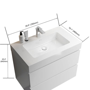 Integrated solid surface basin without drain and faucet glossy white color
