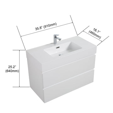 Integrated solid surface basin without drain and faucet glossy white color