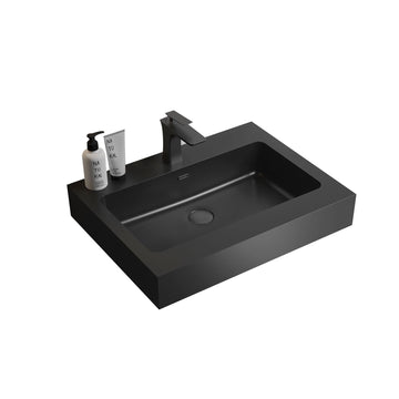 Integrated engineered quartz basin without drain and faucet matt black color