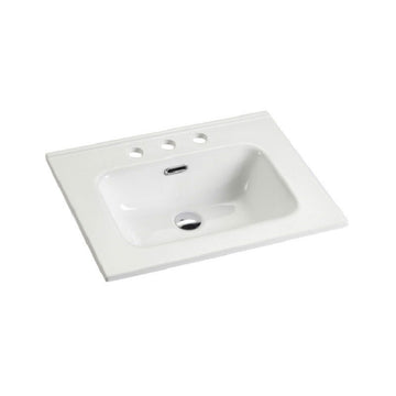 Integrated white ceramic basin with three predrilled faucet holes drain assembly not included