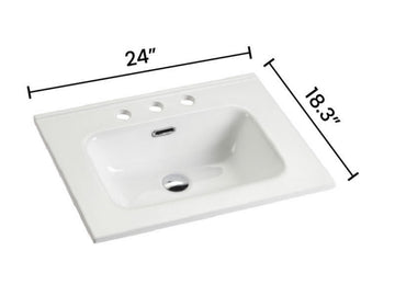 Integrated white ceramic basin with three predrilled faucet holes drain assembly not included