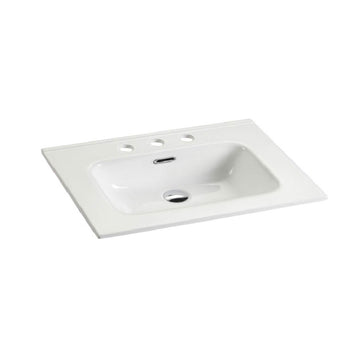 Integrated white ceramic basin with three predrilled faucet holes faucet and drain assembly not included