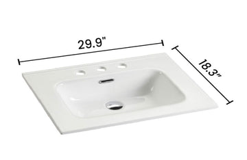 Integrated white ceramic basin with three predrilled faucet holes faucet and drain assembly not included