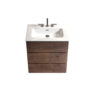 24 Inch Walnut Bathroom Vanity with Sink Three Faucet Holes Large Storage Freestanding One Piece White Basin Pre Assembled