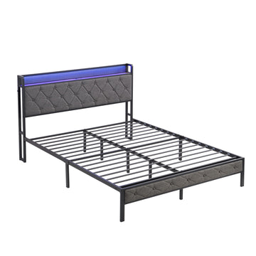 Full Size Upholstered Platform Bed with LED Headboard Charging Station and Noise Free Metal Slats