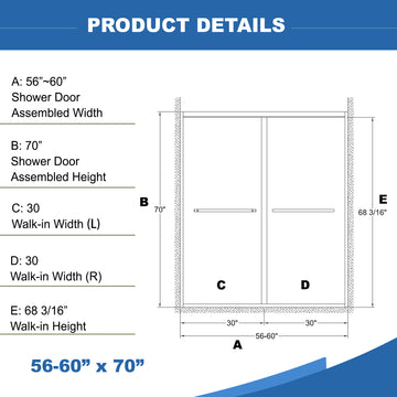 56-60 in. x70 in. Aluminum Frame Double Sliding Shower Door, 5/16 in. Clear Tempered Glass, Matte Black Hardware, Bypass Shower Enclosure