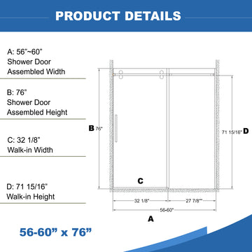 56-60 in. W x 76 in. H Frameless Sliding Shower Door, 3/8 in. Tempered Glass, Double-Sided Easy Clean Coating, Chrome Finish with Buffer