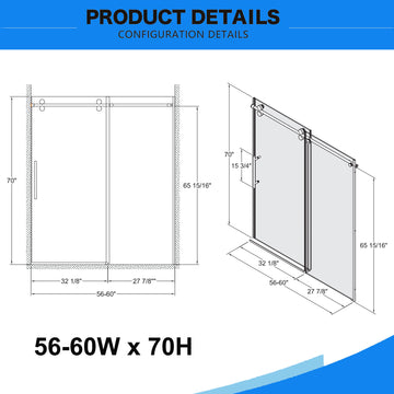 56-60 in. W x 70 in. H Frameless Sliding Shower Door, 8mm Tempered Glass, Double-Sided Easy Clean Coating, Chrome Finish with Buffer