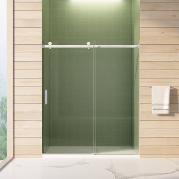 56-60 in. W x 70 in. H Frameless Sliding Shower Door, 8mm Tempered Glass, Double-Sided Easy Clean Coating, Brushed Nickel Finish with Buffer
