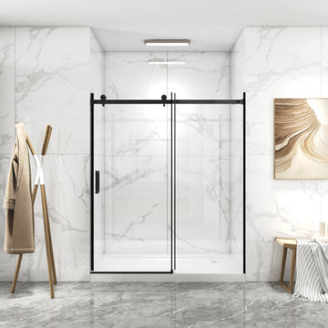 56-60 in. W x 70 in. H Frameless Sliding Shower Door, 8mm Tempered Glass, Double-Sided Easy Clean Coating, Matte Black Finish with Buffer