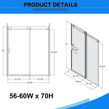56-60 in. W x 70 in. H Frameless Sliding Shower Door, 8mm Tempered Glass, Double-Sided Easy Clean Coating, Matte Black Finish with Buffer