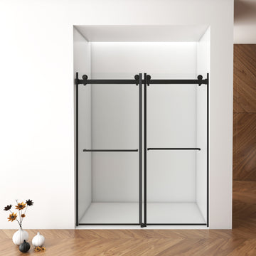 56-60 in. W x 76 in. H Frameless Double Sliding Shower Door, 10mm Tempered Glass, Square Rail, Matte Black, Easy Clean Coating with Buffer