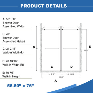 56-60 in. W x 76 in. H Frameless Double Sliding Shower Door, 10mm Tempered Glass, Square Rail, Matte Black, Easy Clean Coating with Buffer