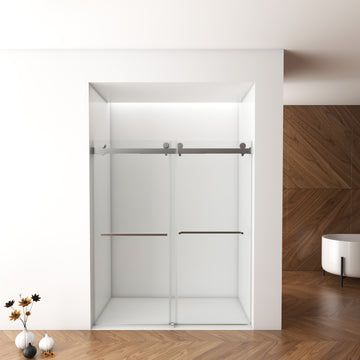 56-60 in. W x 76 in. H Frameless Double Sliding Shower Door, 10mm Tempered Glass, Square Rail, Brushed Nickel, Easy Clean Coating with Buffer