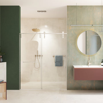 56-60 in. W x 70 in. H Frameless Single Sliding Shower Door, 8mm Tempered Glass, Towel Bar, Brushed Nickel, Easy Clean Coating with Buffer