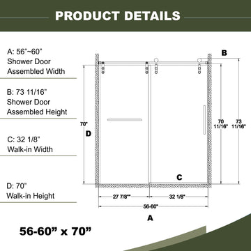 56-60 in. W x 70 in. H Frameless Single Sliding Shower Door, 8mm Tempered Glass, Towel Bar, Brushed Nickel, Easy Clean Coating with Buffer