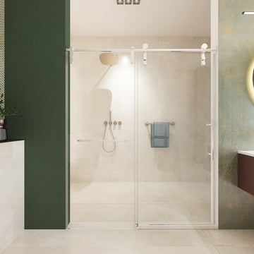 56-60 in. W x 76 in. H Frameless Single Sliding Shower Door, 8mm Tempered Glass, Towel Bar, Brushed Nickel, Easy Clean Coating with Buffer