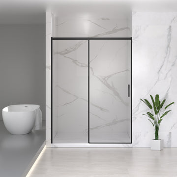 56-60 in. W x 74 in. H Semi-Frameless Sliding Shower Door, 6mm Tempered Glass, Matte Black, Adjustable Width – No Cutting Required