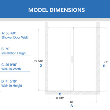 56-60 in. W x 74 in. H Semi-Frameless Sliding Shower Door, 6mm Tempered Glass, Matte Black, Adjustable Width – No Cutting Required