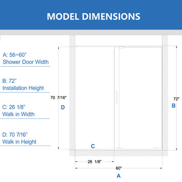 56-60 in. W x 72 in. H Semi-Frameless Sliding Shower Door, 8mm Tempered Glass, Matte Black, 4" Cut-Adjustable Width