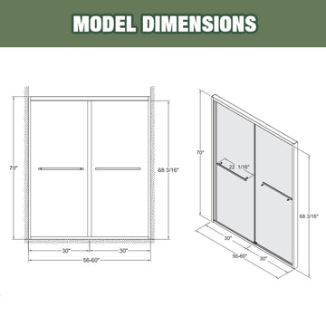 56-60 in. W x 70 in. H Aluminum Frame Double Sliding Shower Door, 8mm Clear Tempered Glass, Chrome Finish, Cut-Adjustable Width
