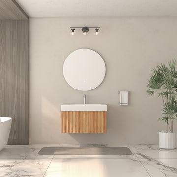 30 in. Wall-Mounted Bathroom Vanity with Integrated Basin, Plywood Cabinet, Modern Minimalist Floating Design, Acacia Finish