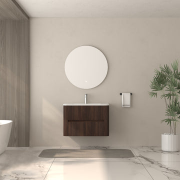 30 in. Wall-Mounted Bathroom Vanity with Sink, Floating Dark Walnut Cabinet, 2 Soft-Close Drawers, White Ceramic Integrated Basin