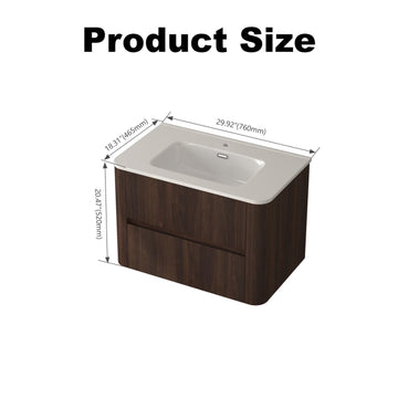 30 in. Wall-Mounted Bathroom Vanity with Sink, Floating Dark Walnut Cabinet, 2 Soft-Close Drawers, White Ceramic Integrated Basin